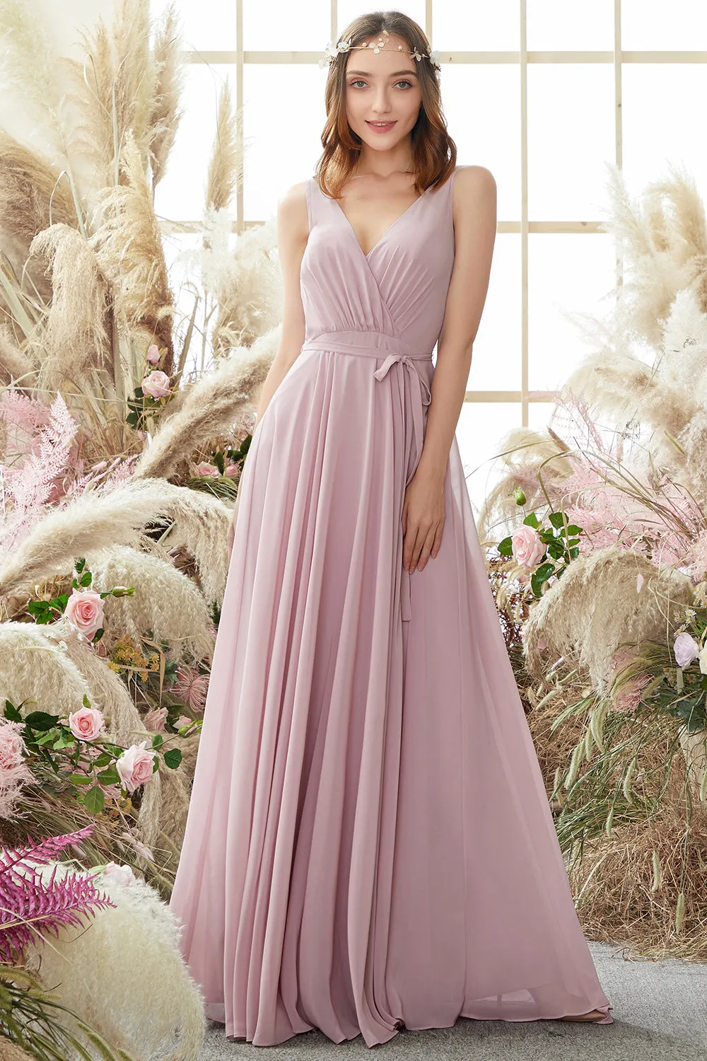 Blush V Neck Long Chiffon Bridesmaid Dress sold by Zapaka