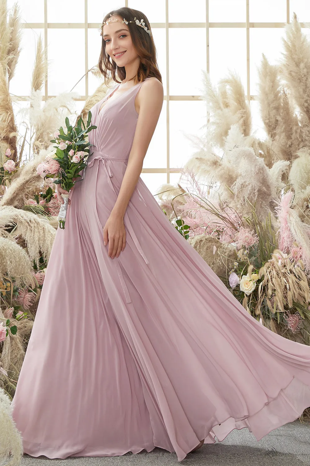 Blush V Neck Long Chiffon Bridesmaid Dress sold by Zapaka product image thumbnail 5