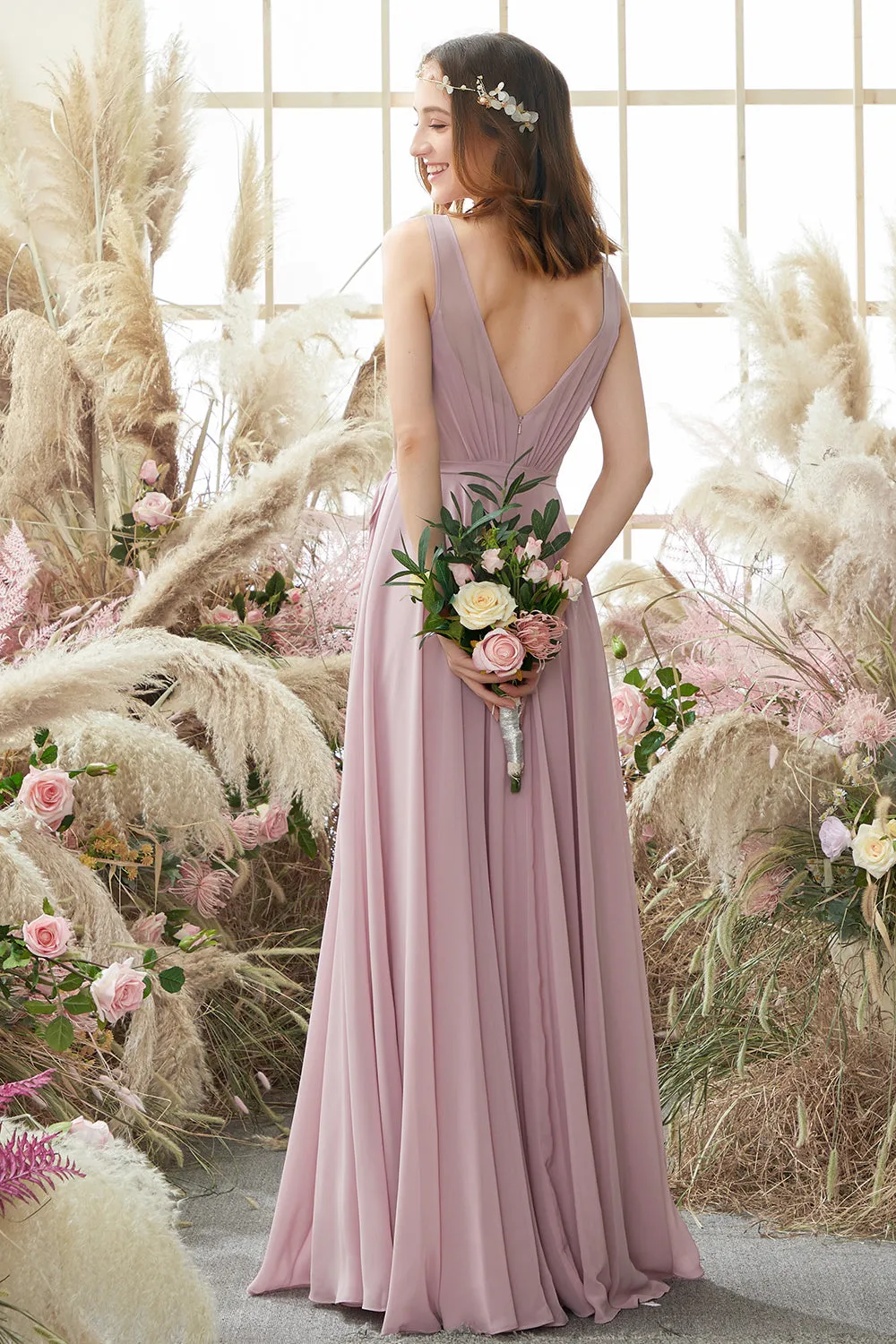 Blush V Neck Long Chiffon Bridesmaid Dress sold by Zapaka product image thumbnail 2