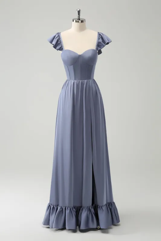 Grey Blue A Line Backless Corset Chiffon Bridesmaid Dress sold by Zapaka