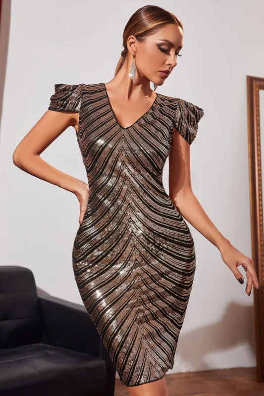 Black Golden Cap Sleeves Sparkly Sequin Bodycon Cocktail Dress sold by Zapaka