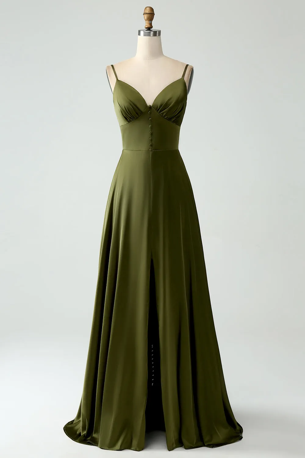 Olive A-Line Spaghetti Straps Satin Long Bridesamid Dress sold by Zapaka