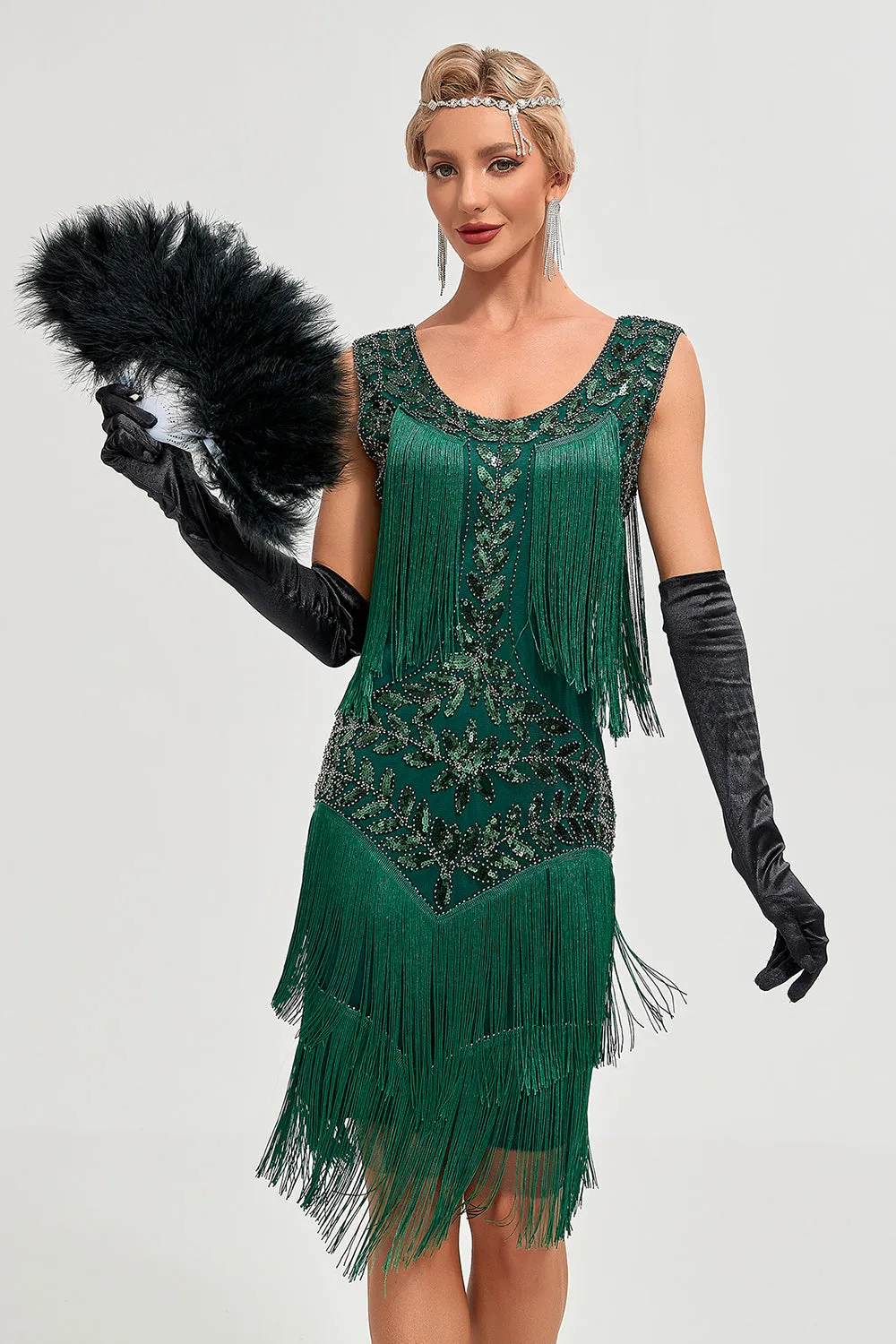 Dark Green Sequins Fringes Great Gatsby Dress with Accessories Set sold by Zapaka product image thumbnail 4
