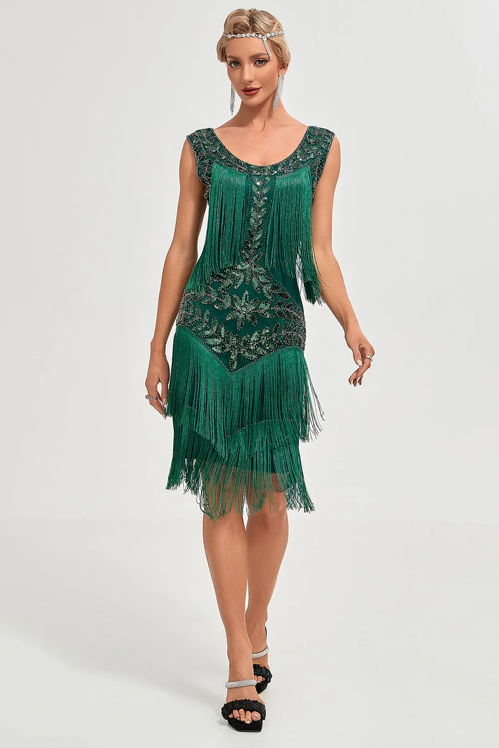 Dark Green Sequins Fringes Great Gatsby Dress with Accessories Set sold by Zapaka product image thumbnail 5