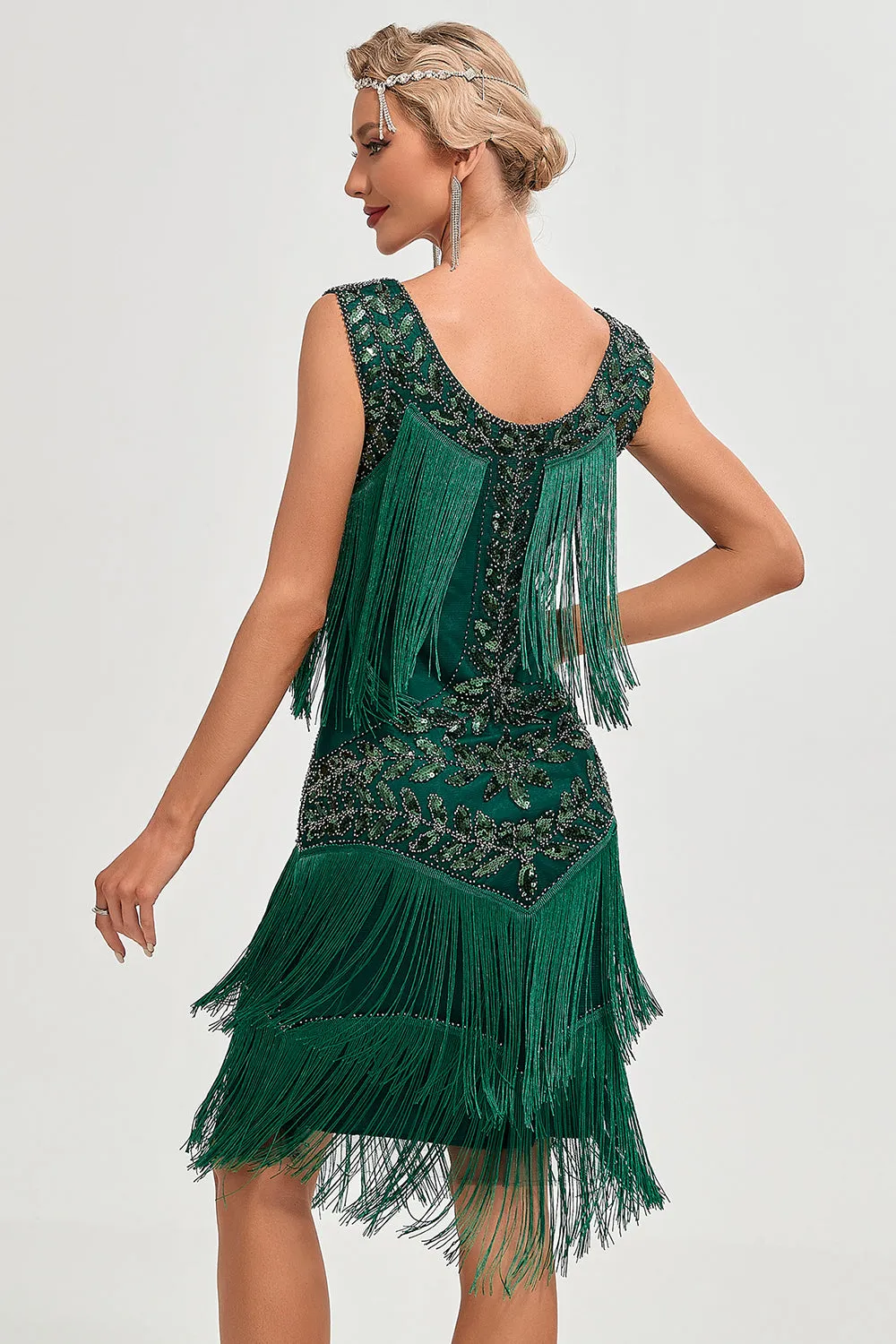 Dark Green Sequins Fringes Great Gatsby Dress with Accessories Set sold by Zapaka product image thumbnail 2