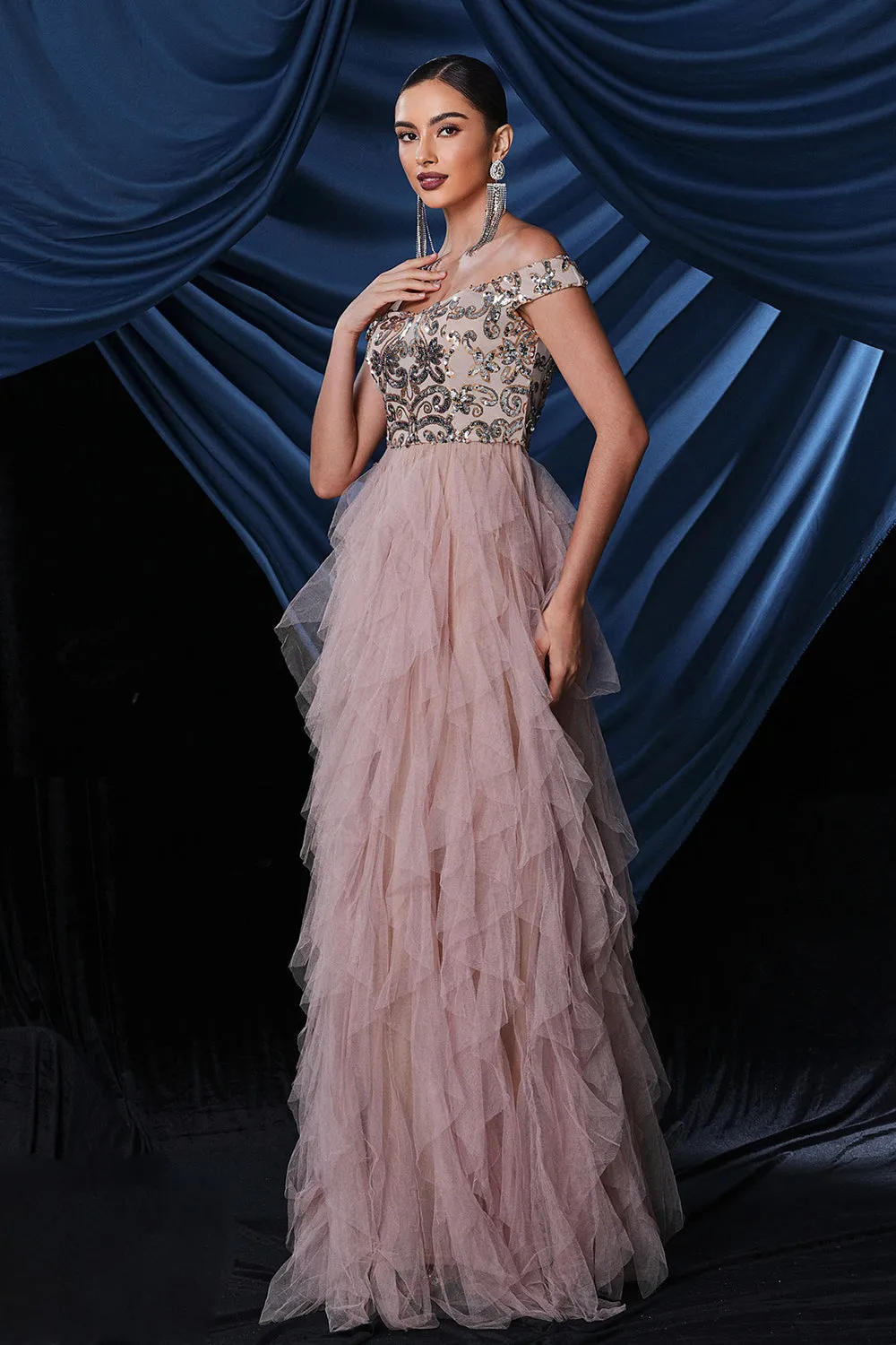 Sparkly Pink Off The Shoulder Tiered Prom Dress sold by Zapaka product image thumbnail 3
