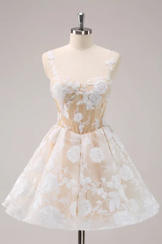 Sparkly White A-Line Floral Corset Short Homecoming Dress sold by Zapaka