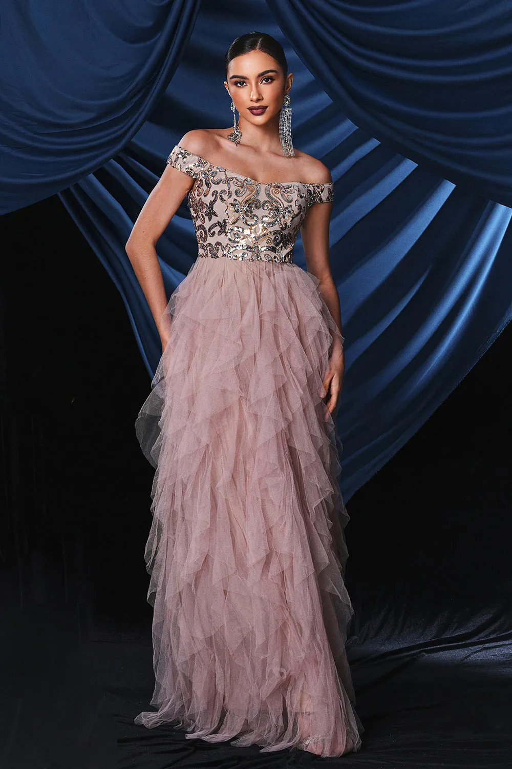 Sparkly Pink Off The Shoulder Tiered Prom Dress sold by Zapaka product image thumbnail 4