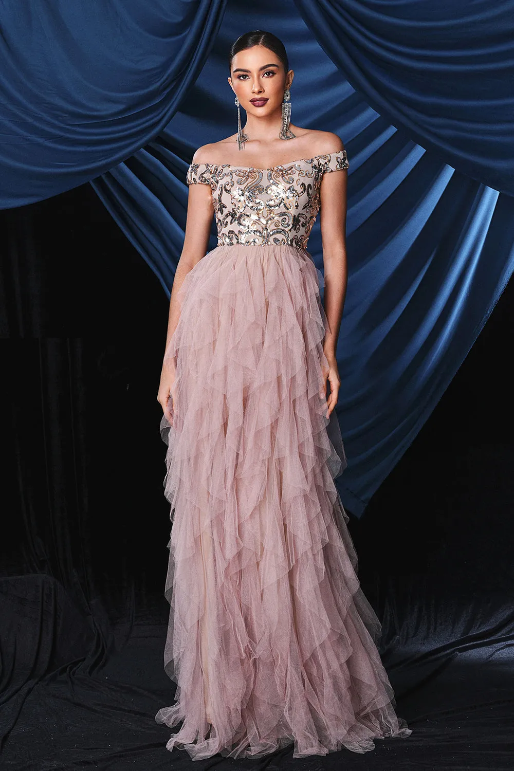 Sparkly Pink Off The Shoulder Tiered Prom Dress sold by Zapaka