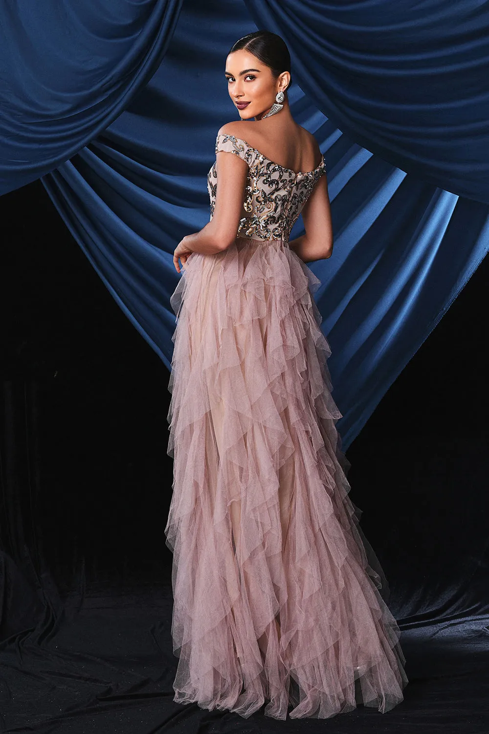 Sparkly Pink Off The Shoulder Tiered Prom Dress sold by Zapaka product image thumbnail 2