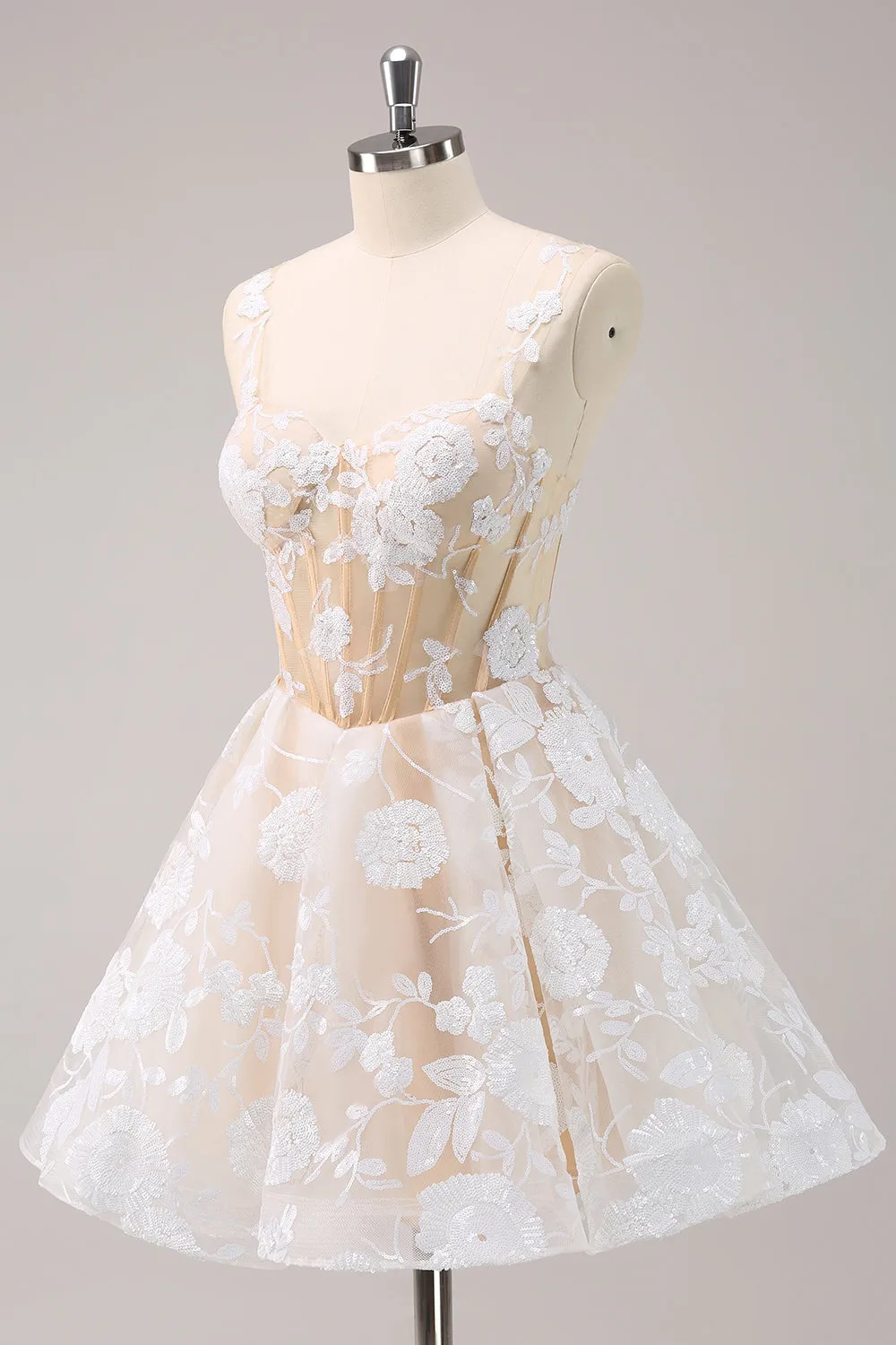 Sparkly White A-Line Floral Corset Short Homecoming Dress sold by Zapaka product image thumbnail 3