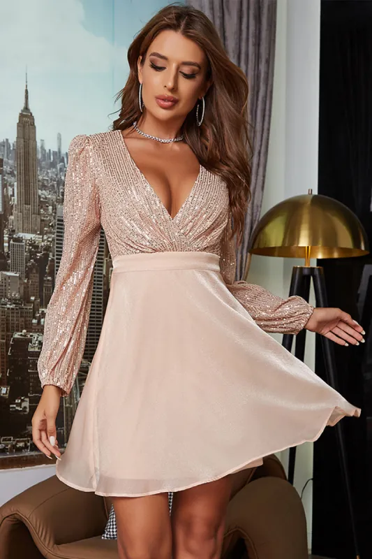 Champagne V-Neck Sequined Homecoming Dress sold by Zapaka