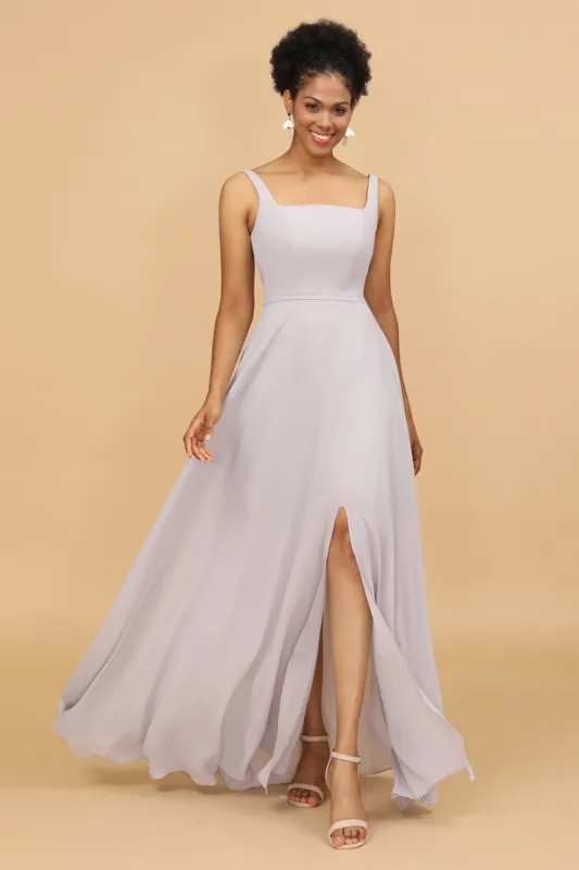 Grey Square Neck Chiffon Bridesmaid Dress sold by Zapaka