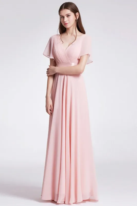 V Neck Pink Bridesmaid Dress with Ruffles sold by Zapaka