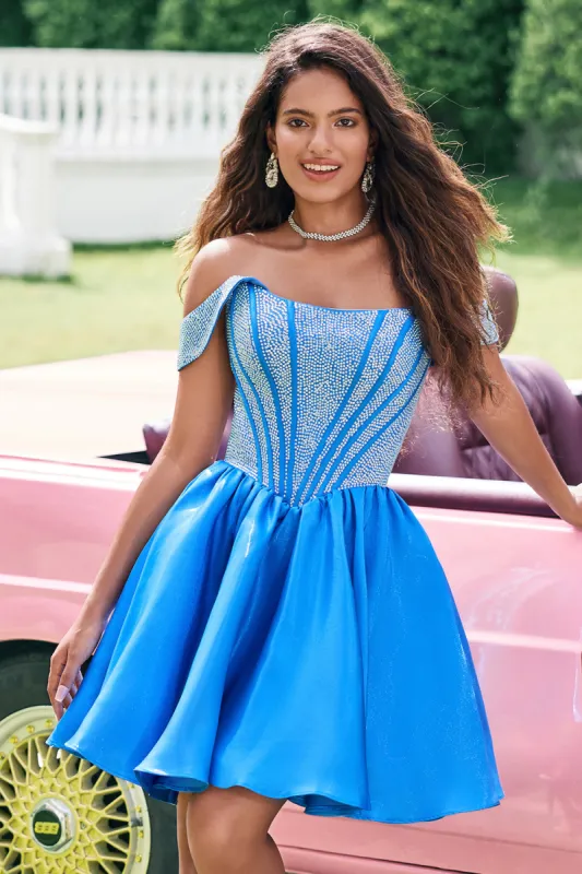 Sparkly Blue A Line Off the Shoulder Satin Ruffle Homecoming Dress with Beading sold by Zapaka