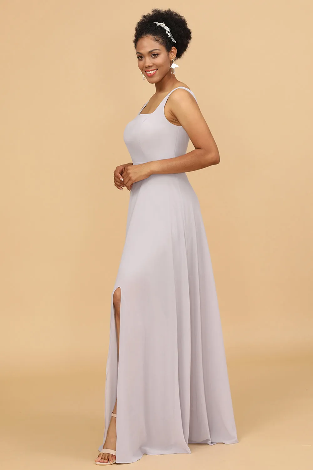 Grey Square Neck Chiffon Bridesmaid Dress sold by Zapaka product image thumbnail 5