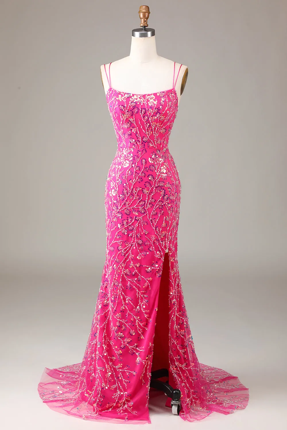 Hot Pink Sequins & Beaded Mermaid Prom Dress with Slit sold by Zapaka