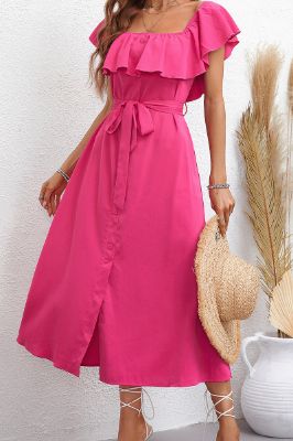 Hot Pink Square Neck Ruffled Summer Dress made by Zapaka