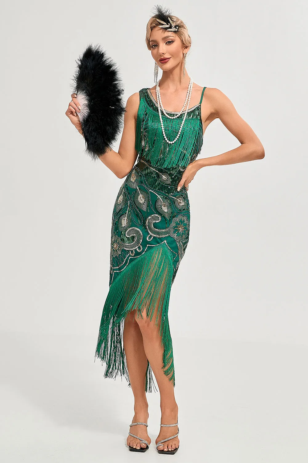Sparkly Dark Green Sequins Fringes Asymmetrical 1920s Gatsby Dress with Accessories Set sold by Zapaka product image thumbnail 5