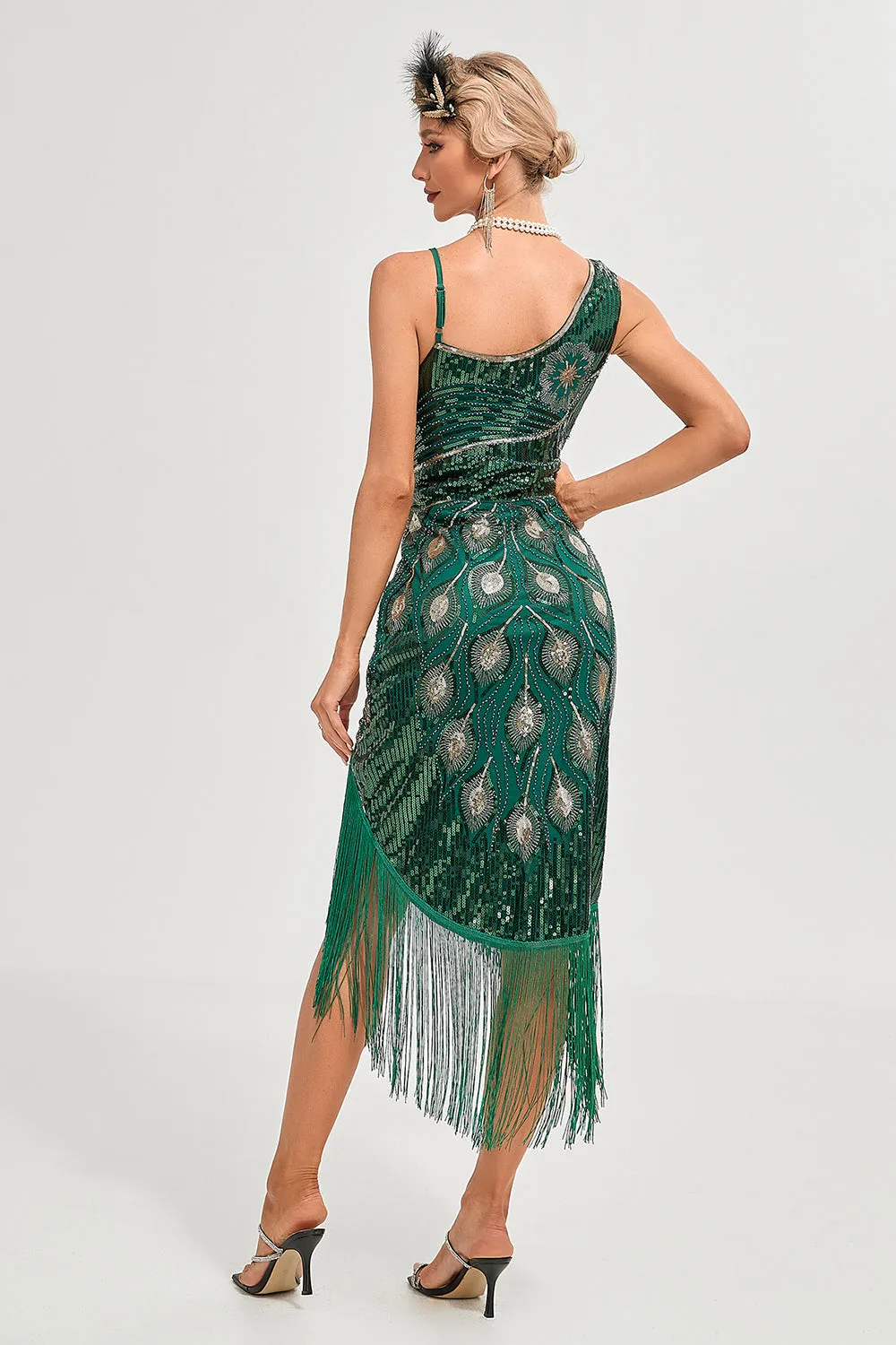 Sparkly Dark Green Sequins Fringes Asymmetrical 1920s Gatsby Dress with Accessories Set sold by Zapaka product image thumbnail 2