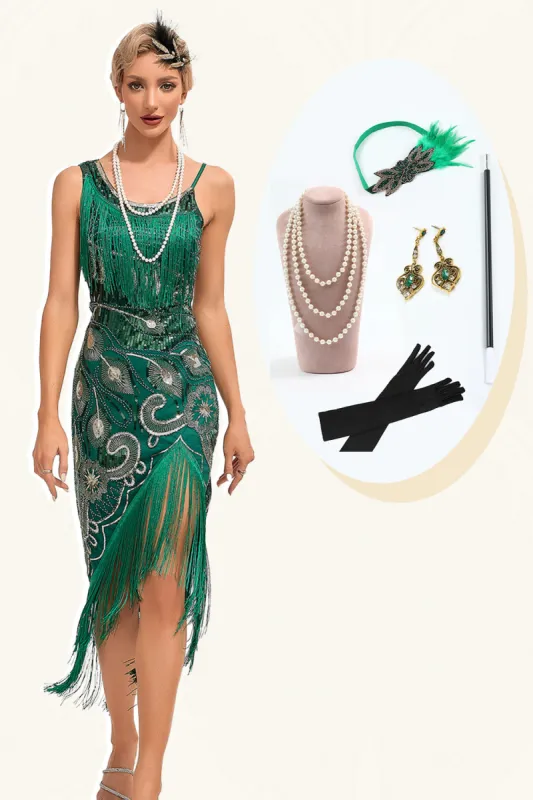 Sparkly Dark Green Sequins Fringes Asymmetrical 1920s Gatsby Dress with Accessories Set made by Zapaka
