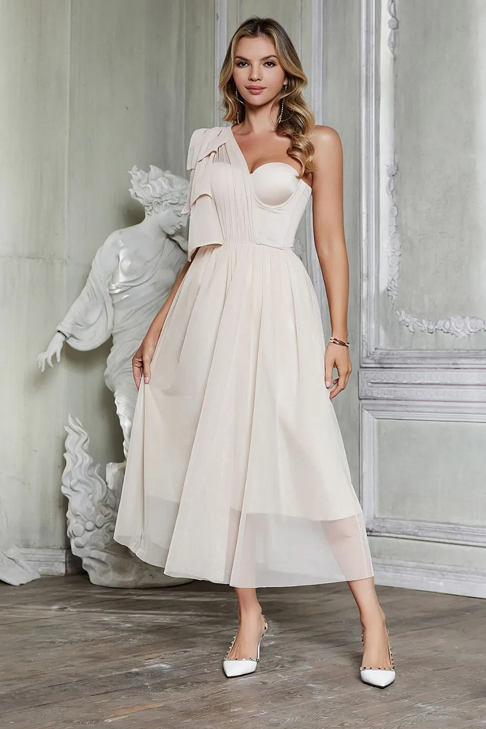 Elegant Apricot A-Line One Shoulder Corset Party Dress sold by Zapaka