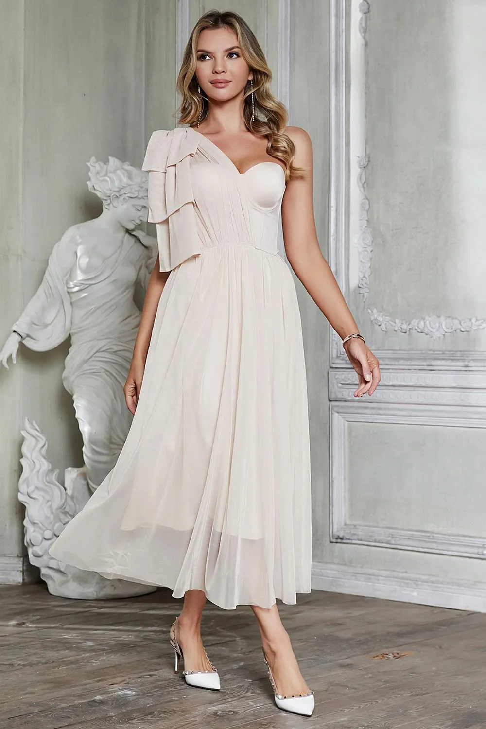 Elegant Apricot A-Line One Shoulder Corset Party Dress sold by Zapaka product image thumbnail 5