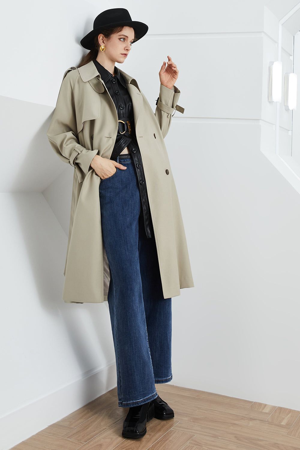 Grey Lapel Double Breasted Fitted Trench Coat with Belt sold by Zapaka product image thumbnail 5