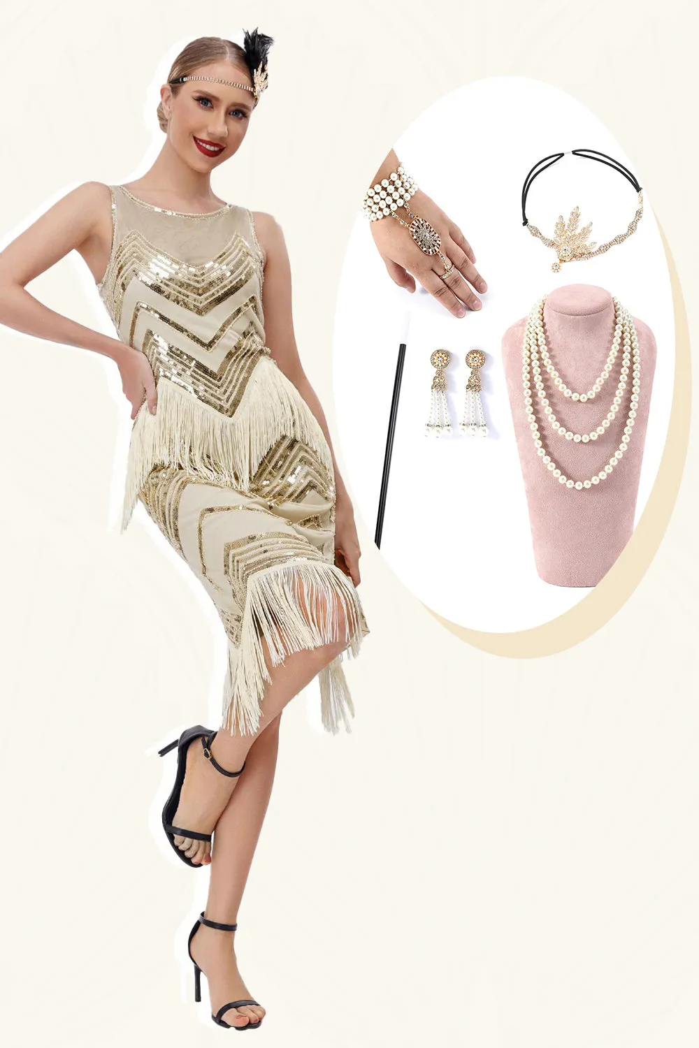 Champagne Glitter Fringes Gatsby Dress with Accessories Set sold by Zapaka