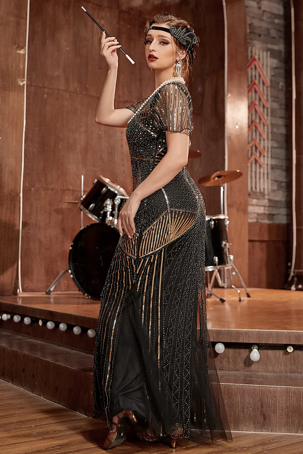 Black and Gold Sequin Long 1920s Gatsby Dress with Sequins sold by Zapaka product image thumbnail 5