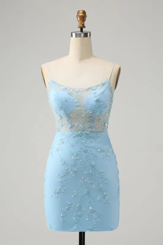 Blue Spaghetti Straps Bodycon Homecoming Dress with Lace-Up Back sold by Zapaka