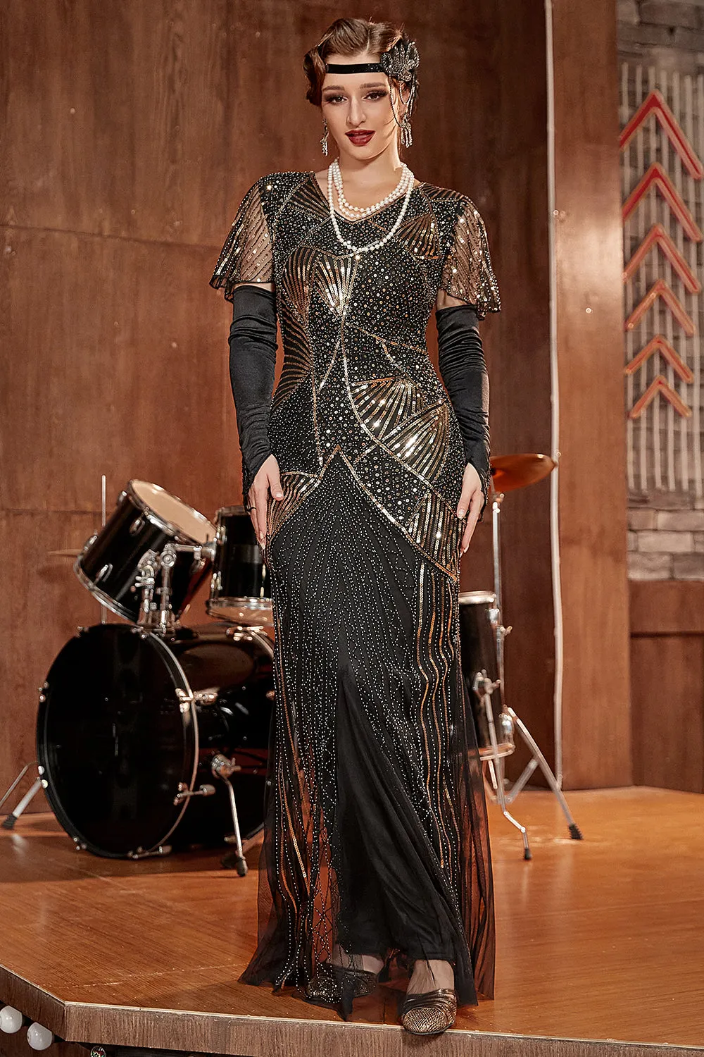 Black and Gold Sequin Long 1920s Gatsby Dress with Sequins sold by Zapaka