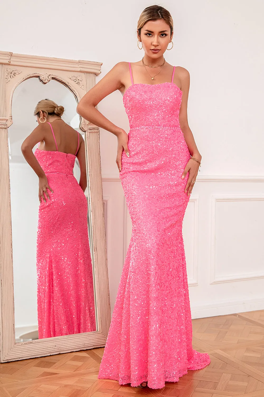 Hot Pink Sequin Spaghetti Straps Prom Dress sold by Zapaka product image thumbnail 5