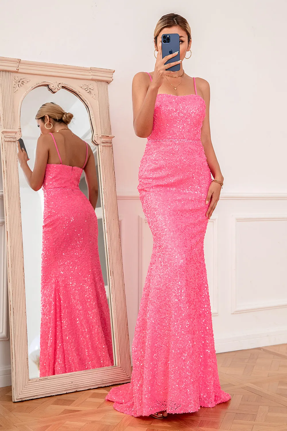 Hot Pink Sequin Spaghetti Straps Prom Dress sold by Zapaka product image thumbnail 3
