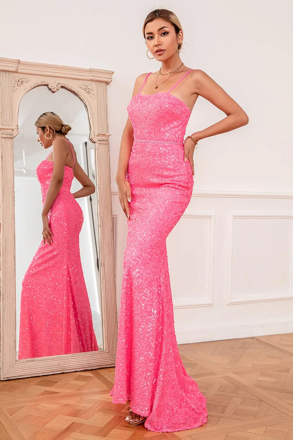 Hot Pink Sequin Spaghetti Straps Prom Dress sold by Zapaka product image thumbnail 4