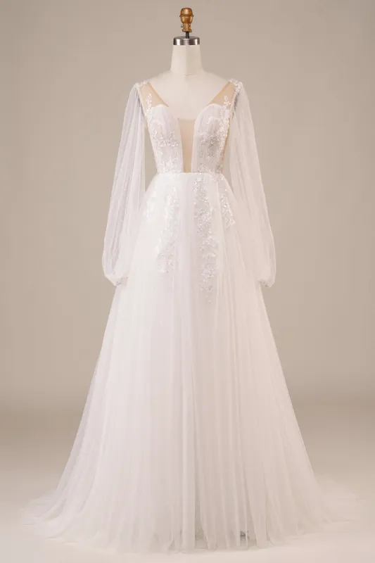 Long Sleeves Open Back Ivory Wedding Dress with Appliques sold by Zapaka