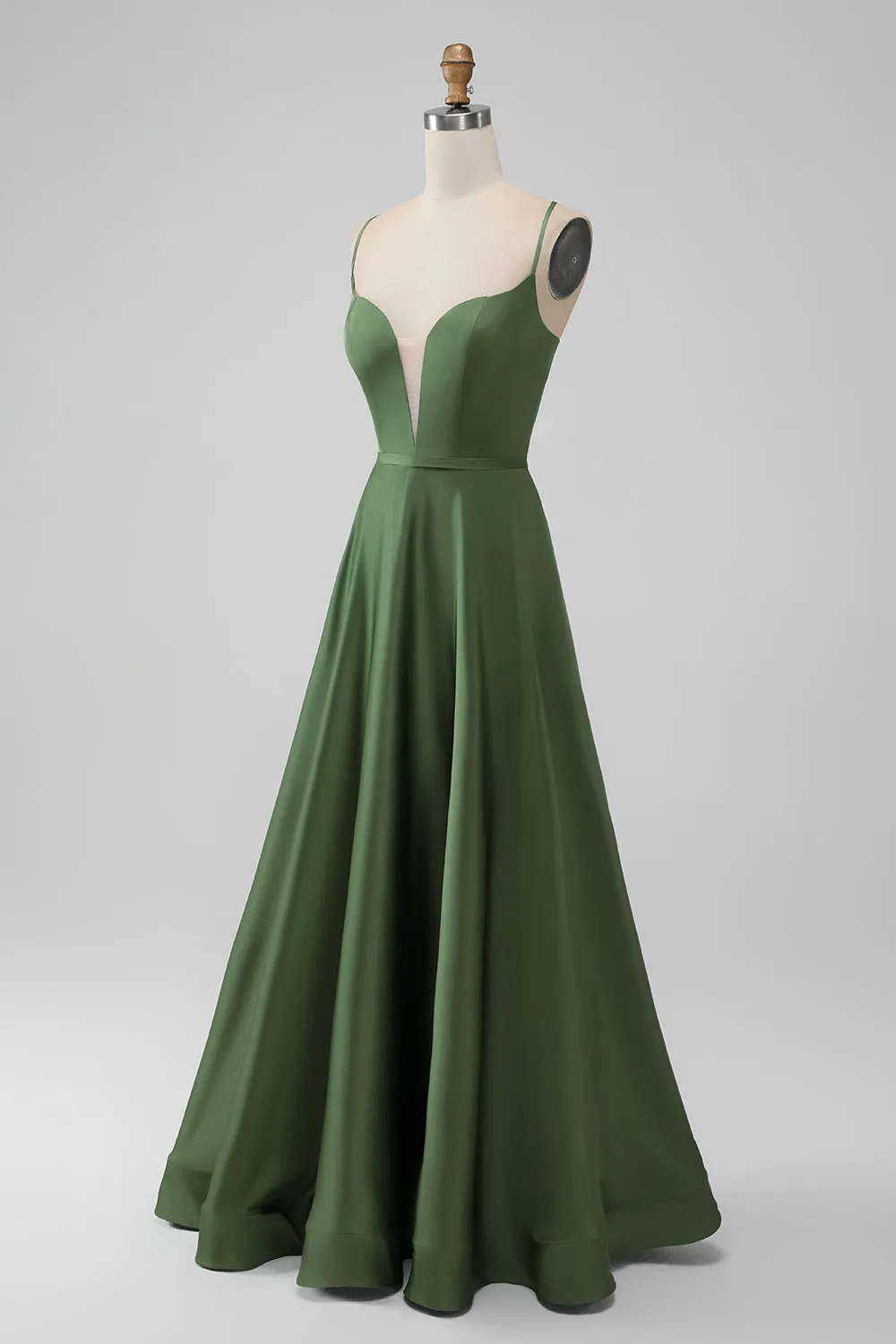 Green Satin V Neck A-line Long Bridesmaid Dress sold by Zapaka product image thumbnail 3