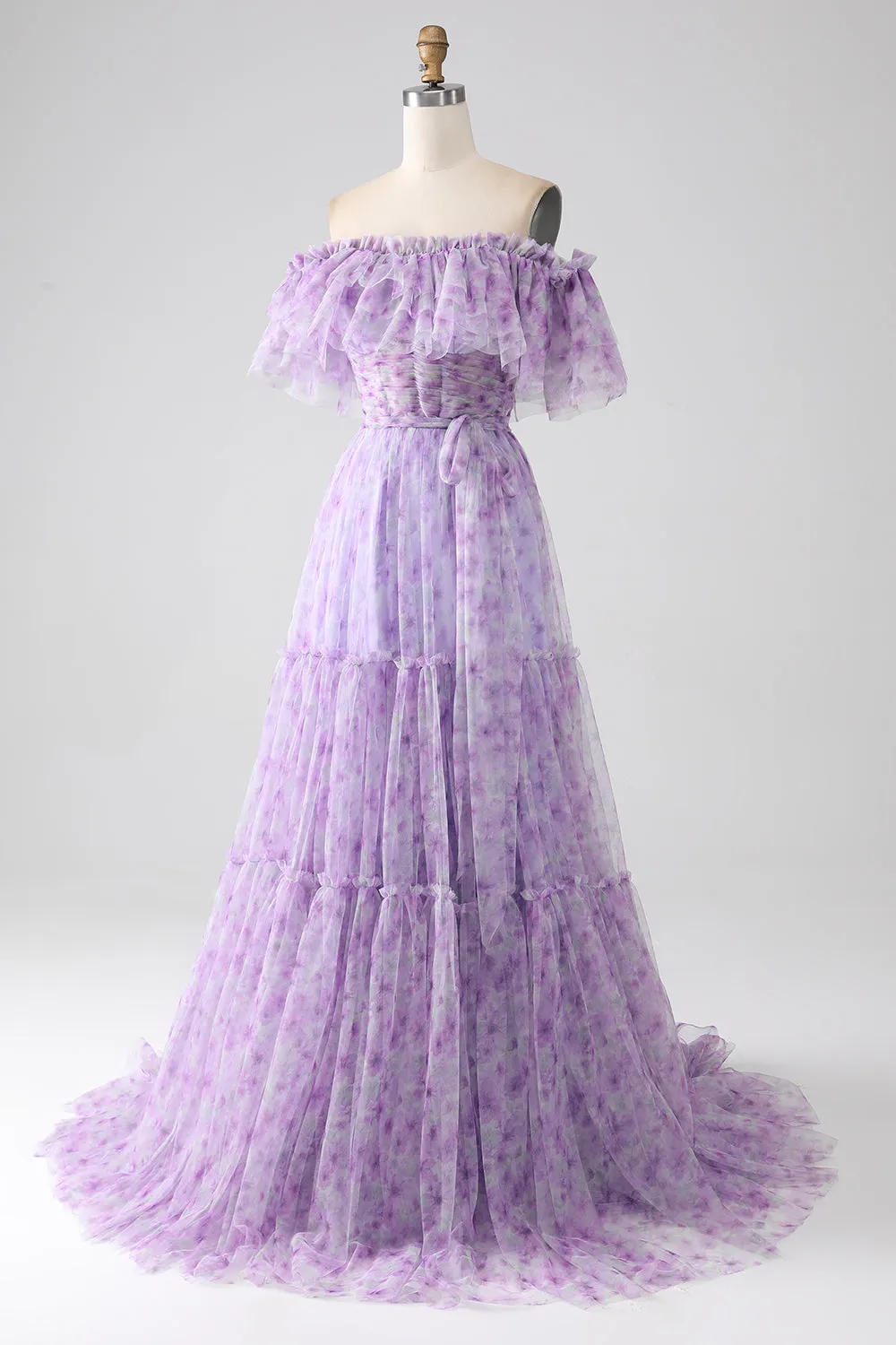 Lilac Floral Off the Shoulder Long Ruffled Prom Dress sold by Zapaka product image thumbnail 3