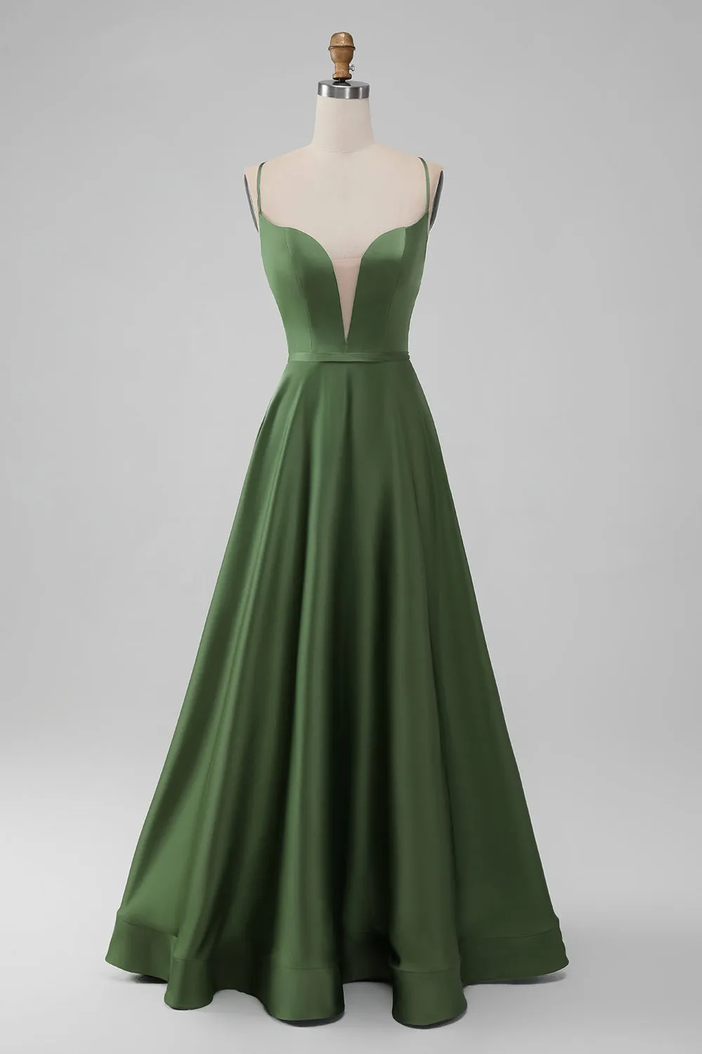 Green Satin V Neck A-line Long Bridesmaid Dress sold by Zapaka
