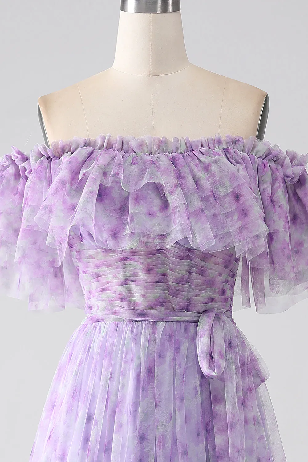 Lilac Floral Off the Shoulder Long Ruffled Prom Dress sold by Zapaka product image thumbnail 4