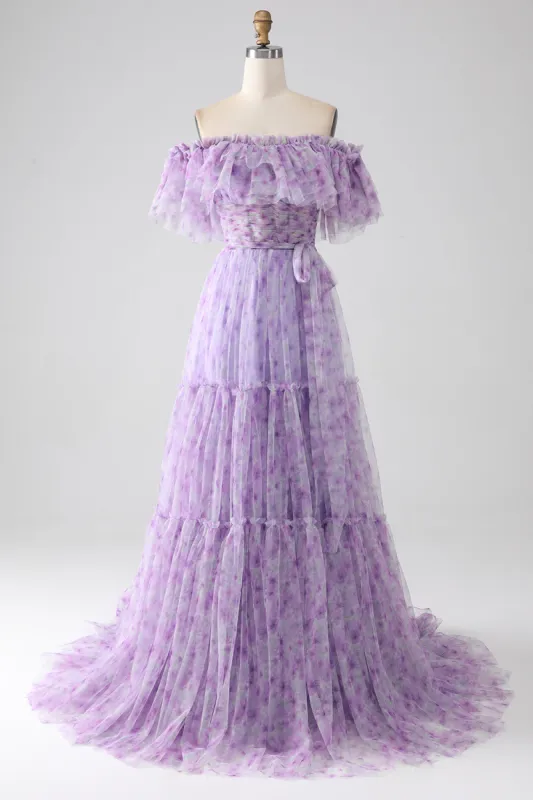 Lilac Floral Off the Shoulder Long Ruffled Prom Dress sold by Zapaka