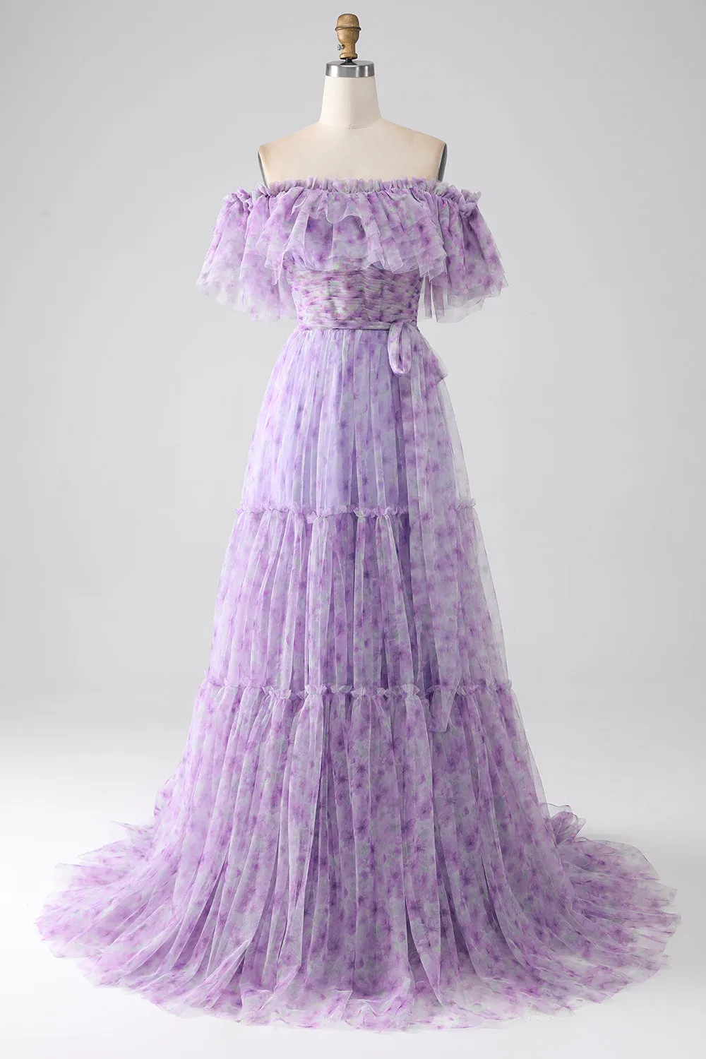 Lilac Floral Off the Shoulder Long Ruffled Prom Dress sold by Zapaka