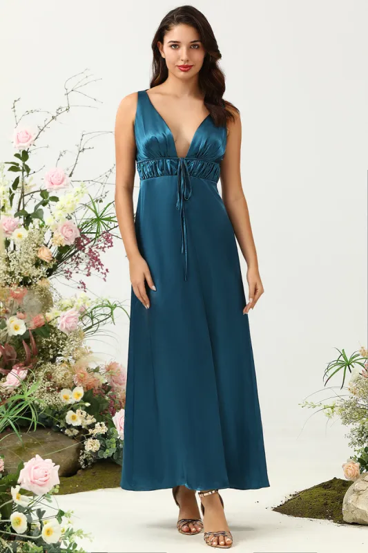 Ink Blue Satin Long Bridesmaid Dress sold by Zapaka