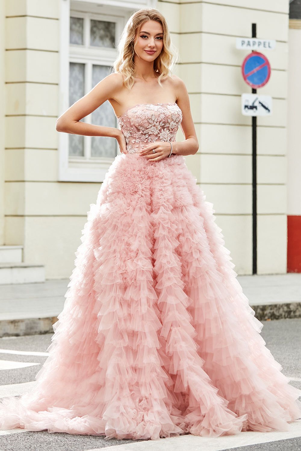 A-Line Strapless Beaded Blush Tiered Long Prom Dress sold by Zapaka product image thumbnail 5