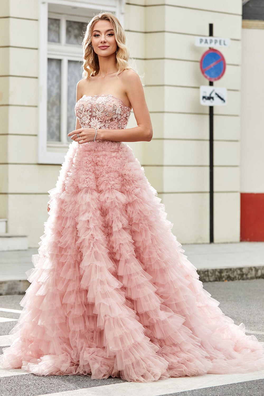 A-Line Strapless Beaded Blush Tiered Long Prom Dress sold by Zapaka product image thumbnail 3