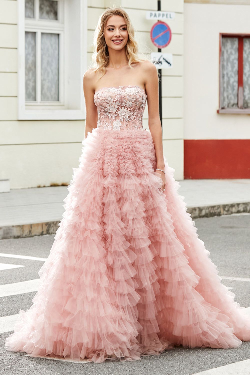 A-Line Strapless Beaded Blush Tiered Long Prom Dress sold by Zapaka product image thumbnail 4