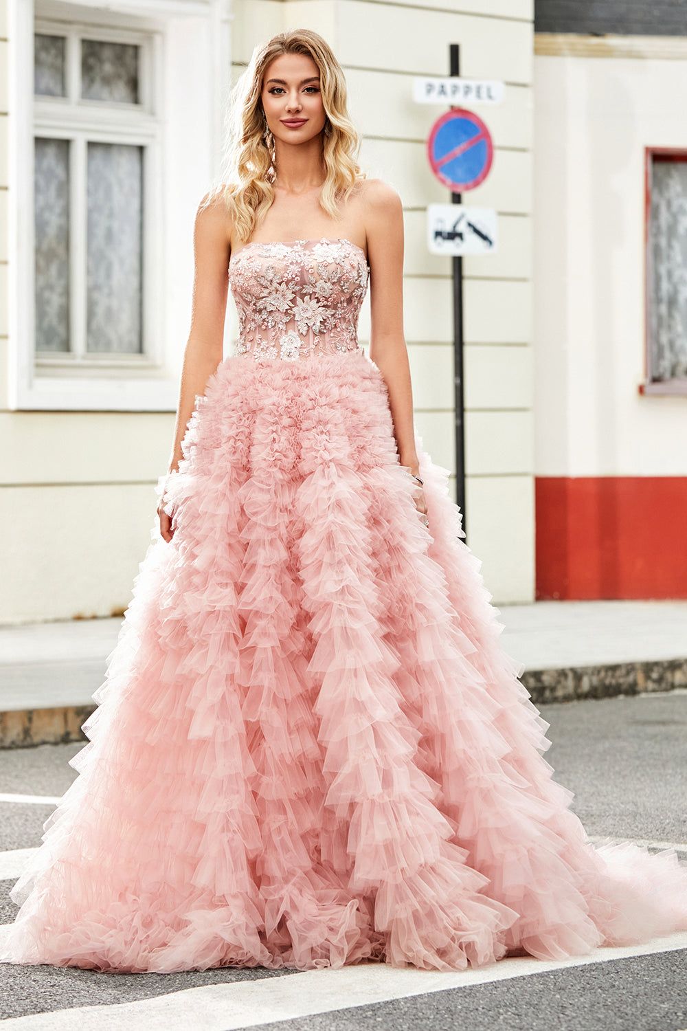 A-Line Strapless Beaded Blush Tiered Long Prom Dress sold by Zapaka