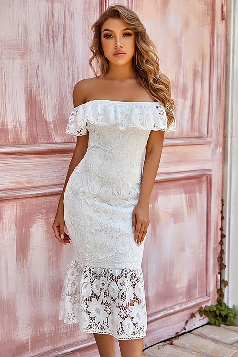 White Off the Shoulder Lace Cocktail Dress sold by Zapaka product image thumbnail 5