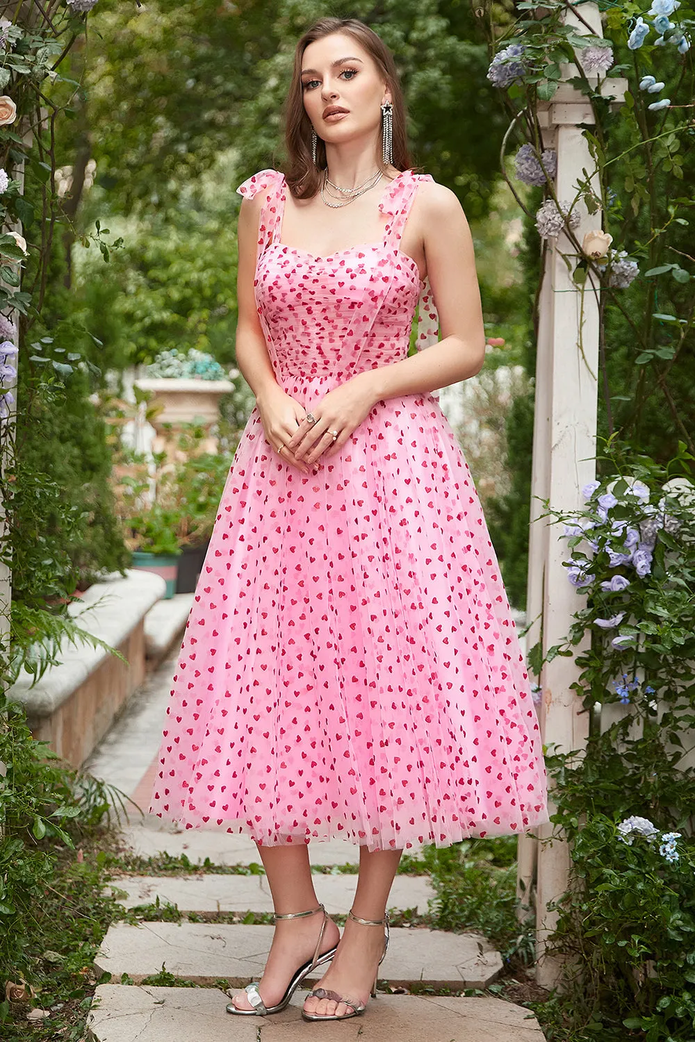 Pink Tulle A-line Midi Prom Dress with Hearts sold by Zapaka