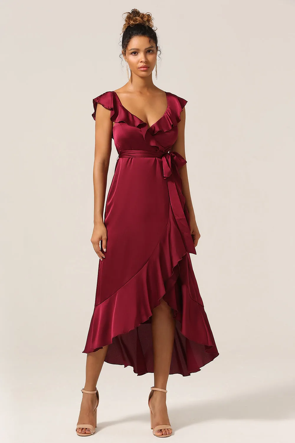 A Line V-Neck Burgundy Bridesmaid Dress with Ruffles sold by Zapaka product image thumbnail 4